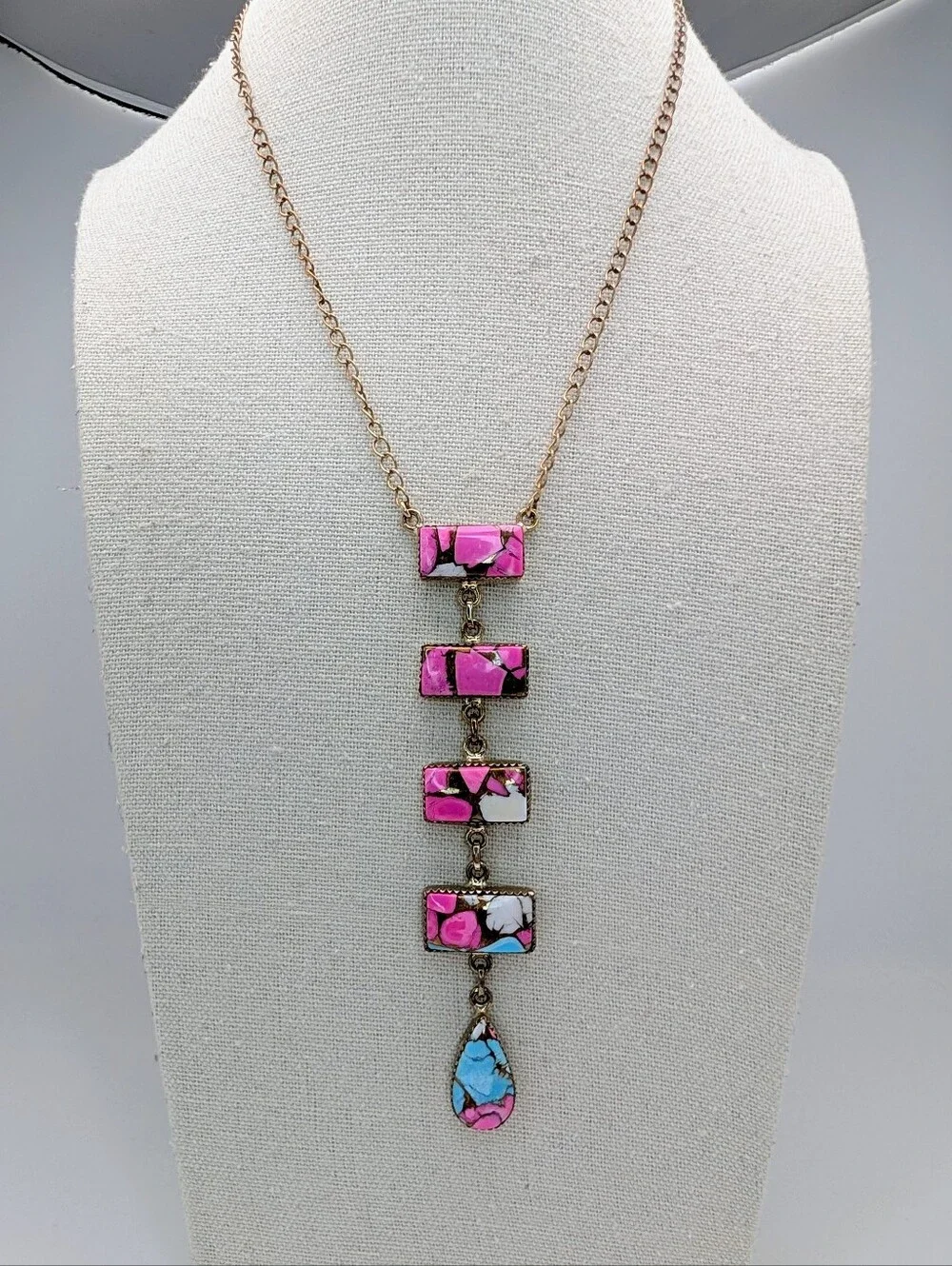 Cotton Candy Turquoise Lariat S925 Sterling Silver Gemstone Statement Necklace